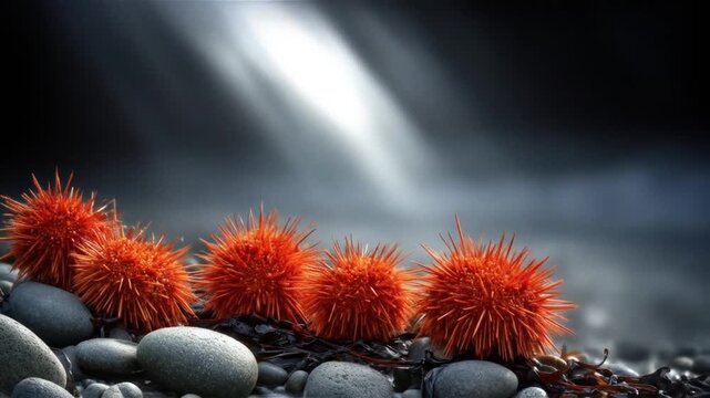 Vivid orange sea urchins rest on a bed of pebbles and seaweed with a beam of light