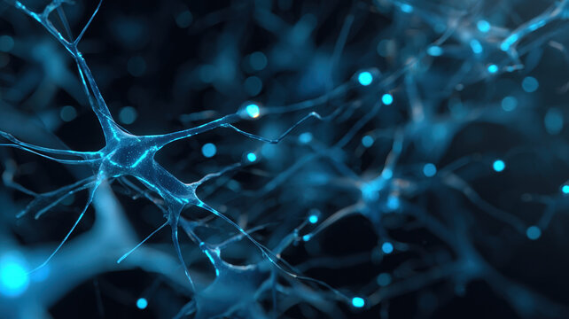 Three Dimensional Neural Network Visualization With Glowing Blue Synapses And Dendrites Creating Complex Biological Digital Structure
