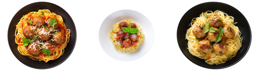 top view of meatball spaghetti dish isolated.