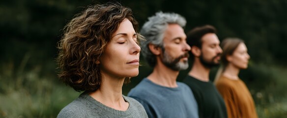 Several individuals engage in peaceful meditation together amid a natural setting.