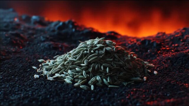 A close-up shot of a small mound of cumin seeds with an orange, fiery background