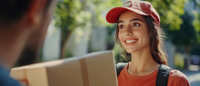 Cheerful young delivery lady in uniform presents