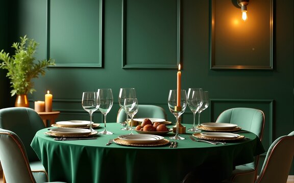 Christmas Eve Dinner: Elegant Green Dining Room Mockup. High quality