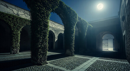 Dark, moody courtyard with stone arches overgrown with ivy under a full moon at night, leading to an illuminated gate