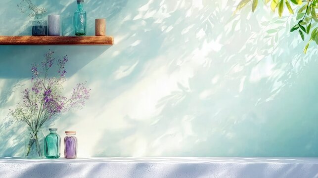 A tranquil scene featuring a wooden shelf with various bottles and a bouquet of delicate dried flowers, bathed in dappled sunlight.