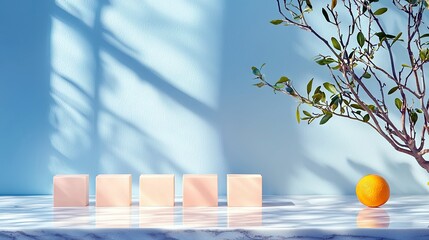 A minimalist composition featuring pastel cubes and a single orange on a marble surface, bathed in dappled sunlight against a blue background.