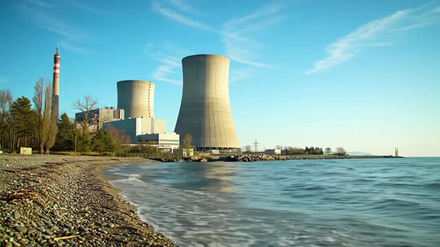 A large nuclear power plant next to a rocky beach on a clear day with a blue sky. Features cooling towers and a red and white striped smokestack.
