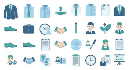 Illustration presenting a collection of business and office-related icons on white background
