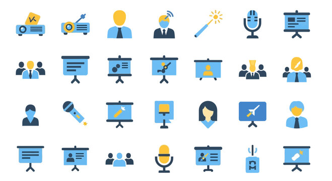 Collection of business presentation icons featuring various aspects of meetings