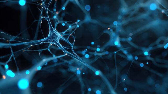Three Dimensional Neural Network Visualization With Glowing Blue Synapses And Dendrites Creating Complex Biological Digital Structure
