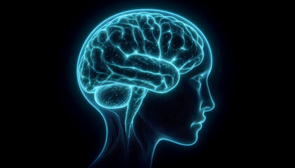 A continuous glowing neon line art brain, Ai generated image