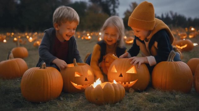 Children running through a pumpkin patch, picking pumpkins with smiles on their faces