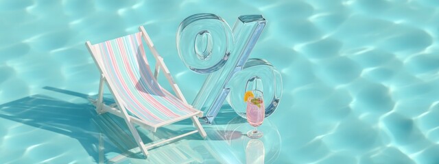 Blue percent sign near striped chair and tropical drink by swimming pool. Concept of vacation discount, summer travel, holiday deal. banner 