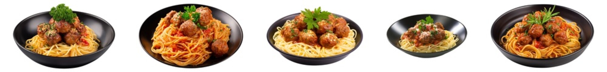 Delicious meat ball spaghetti collection, meatball spaghetti isolated. 