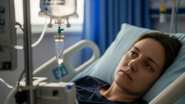 A concerned female patient lies in a hospital bed receiving an intravenous drip, looking thoughtfully towards the side in a clinical setting