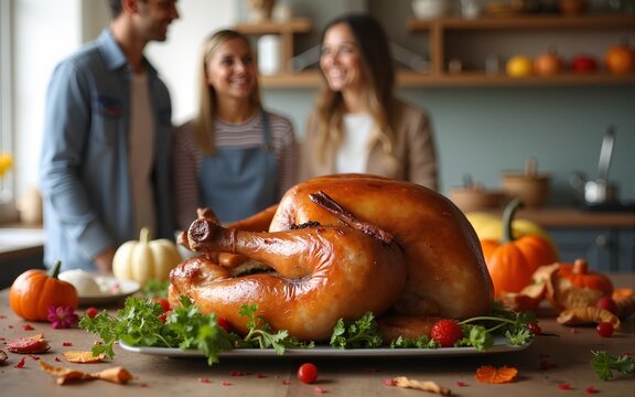 Thanksgiving day, turkey on kitchen worktop with blurred family gathering in the background. High quality