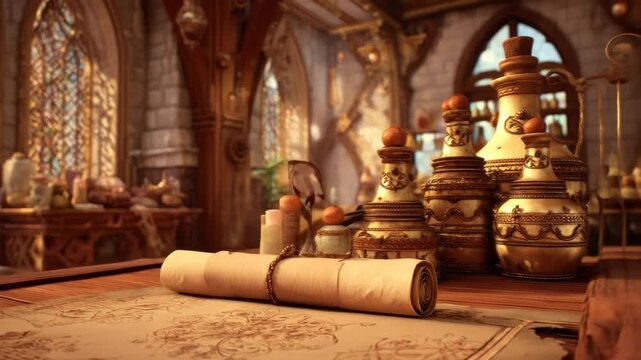A wizard's chamber, with old jars, a scroll, and ornate architecture, lit by stained-glass windows