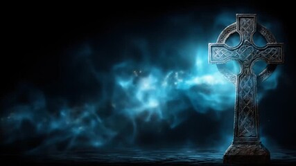 A detailed image of a Celtic cross against a backdrop of deep blue smoky mist and light - Powered by Adobe