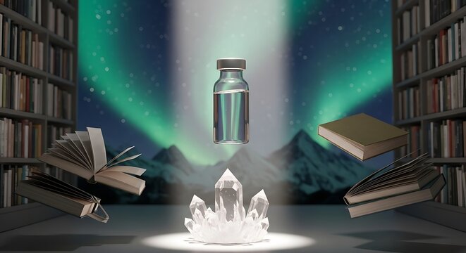 Mystical Library Scene with Floating Vial and Crystals.