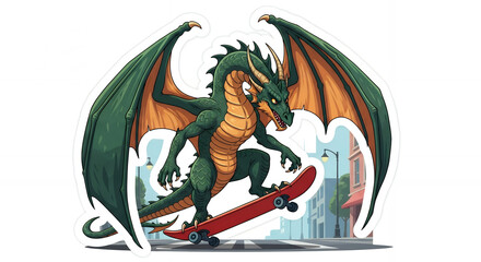 Green dragon performing skateboard trick in urban setting illustration