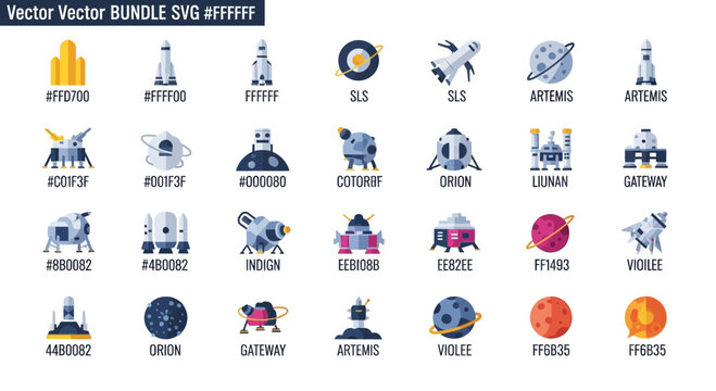 Collection of Space Exploration Vector Icons: Rockets, Satellites, and Planets Bundle