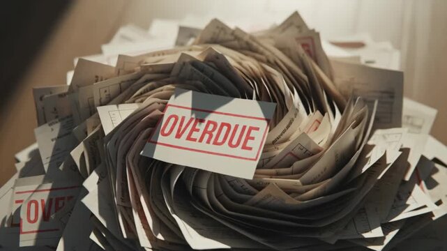 Swirling vortex of financial papers with overdue stamp in the center