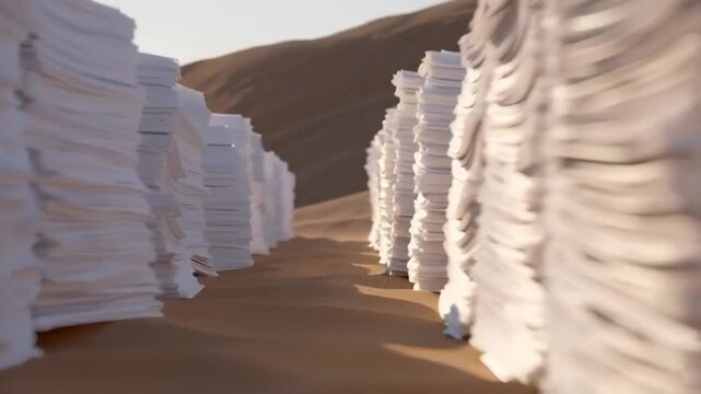 Towering stacks of paper rise like mountains in a desert landscape, surreal juxtaposition of nature and office work, evokes themes of environmental impact and resource consumption