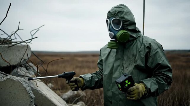 A person in a hazmat suit holds a radiation detector in a gray field by concrete ruins under an overcast sky, emphasizing environmental risk and protection.