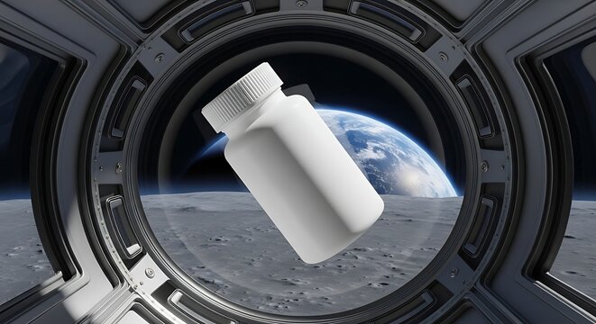 Pill Bottle Floating in Space Station with Earth View.