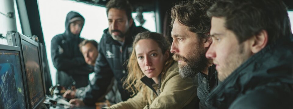 Group of scientists and engineers focused on monitors aboard a research vessel, analyzing deep sea exploration data and marine mining technology, symbolizing teamwork, innovation. banner 
