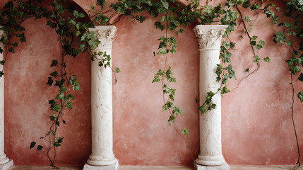 White classical columns draped with green ivy against a textured coral wall white columns textured wall