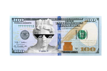  Low poly moden greek statue wears pixelated sunglasses on a 100 dollar banknote isolated on free png background - modern polygon culture style wallpaper background concept.