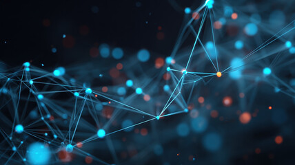 Abstract Digital Network Visualization With Glowing Blue Nodes Connected Lines And Orange Bokeh Technology Infrastructure Concept