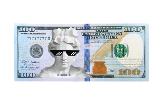  Low poly moden greek statue wears pixelated sunglasses on a 100 dollar banknote isolated on free png background - modern polygon culture style wallpaper background concept.