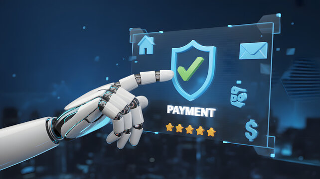 Cybersecurity and Payment Gateway: A futuristic depiction of secure digital transactions, where a robotic hand interacts with a virtual interface.