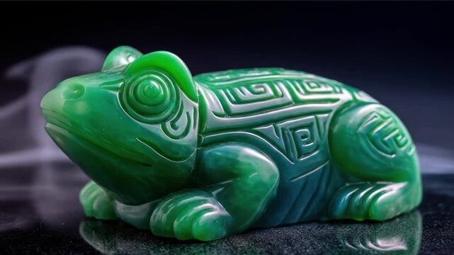 A detailed shot of an intricately carved jade frog. It is sitting on a reflective dark surface