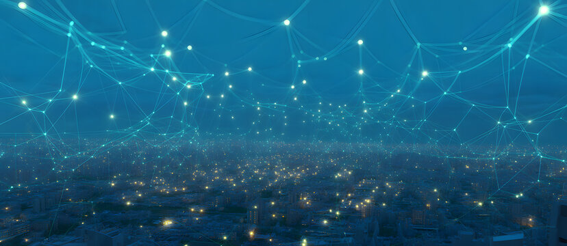 Digital Network over the City: A captivating digital network overlaying a city skyline, representing the interconnectedness of modern technology. - Powered by Adobe