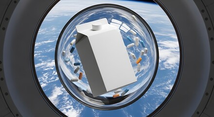 Box Floating in Space Station Window with Earth View.