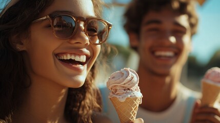 Joyful friends enjoying ice cream outdoors