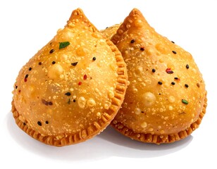 Close-up of two golden brown, crispy samosas on a white background