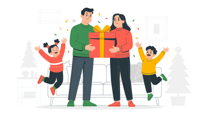 Holiday Cheer and Gift Giving: A joyous family unit, united in the spirit of togetherness, exchange a brightly wrapped gift, embracing the festive mood. A heartwarming celebration of sharing.