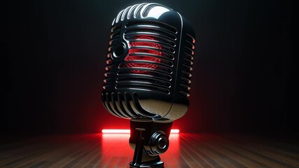 Classic retro microphone standing on a wooden stage with glowing red neon light in a dark room, cinematic 3D rendering illustrating live performance and broadcast concepts