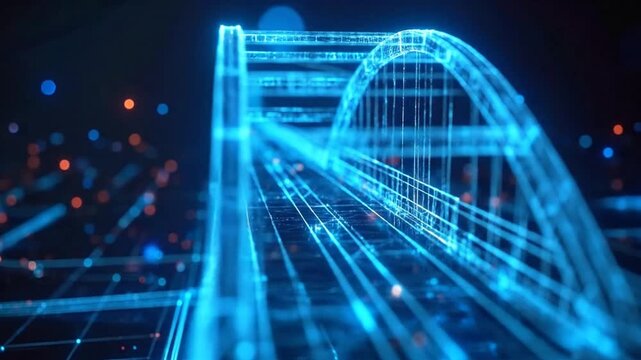 Digital Bridge Architecture Futuristic Blue Grid Lines Design Visualization, Urban Infrastructure