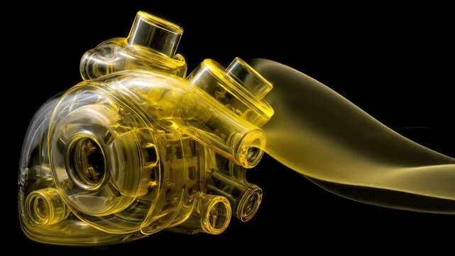 Abstract 3D rendering depicts a transparent yellow object with smoke against a stark black backdrop