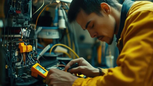 Video A person in a yellow jacket is fixing an electrical issue on a circuit board