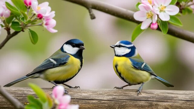 Two vibrant great tits perched closely on a wooden branch surrounded by delicate pink and white spring blossoms, capturing a moment of natures beauty