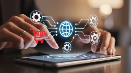 Woman's Hand Touching Digital Tablet Screen With Glowing Shopping Cart Icon Global Network Symbols - Powered by Adobe