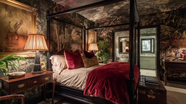 Lavish bedroom featuring a four-poster bed with plush bedding, ornate lamps, and intricate wallpaper