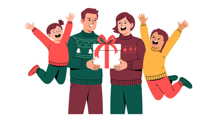 Gift of Joy: A happy family gathered, filled with excitement, sharing a special gift wrapped with a festive ribbon. It's a moment of shared happiness and togetherness