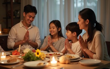 Asian big family closing eyes when saying grace praying before having dinner at home. High quality